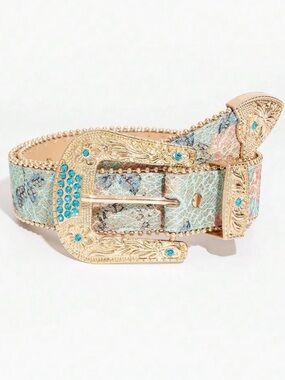 Blue Diamond Palace Style Metal Buckle Engraved Floral Pattern PU Leather Belt